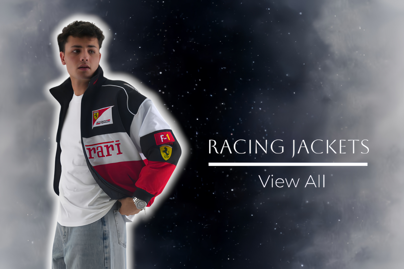 Boy wearing a Ferrari racing jacket with a dark space-themed background