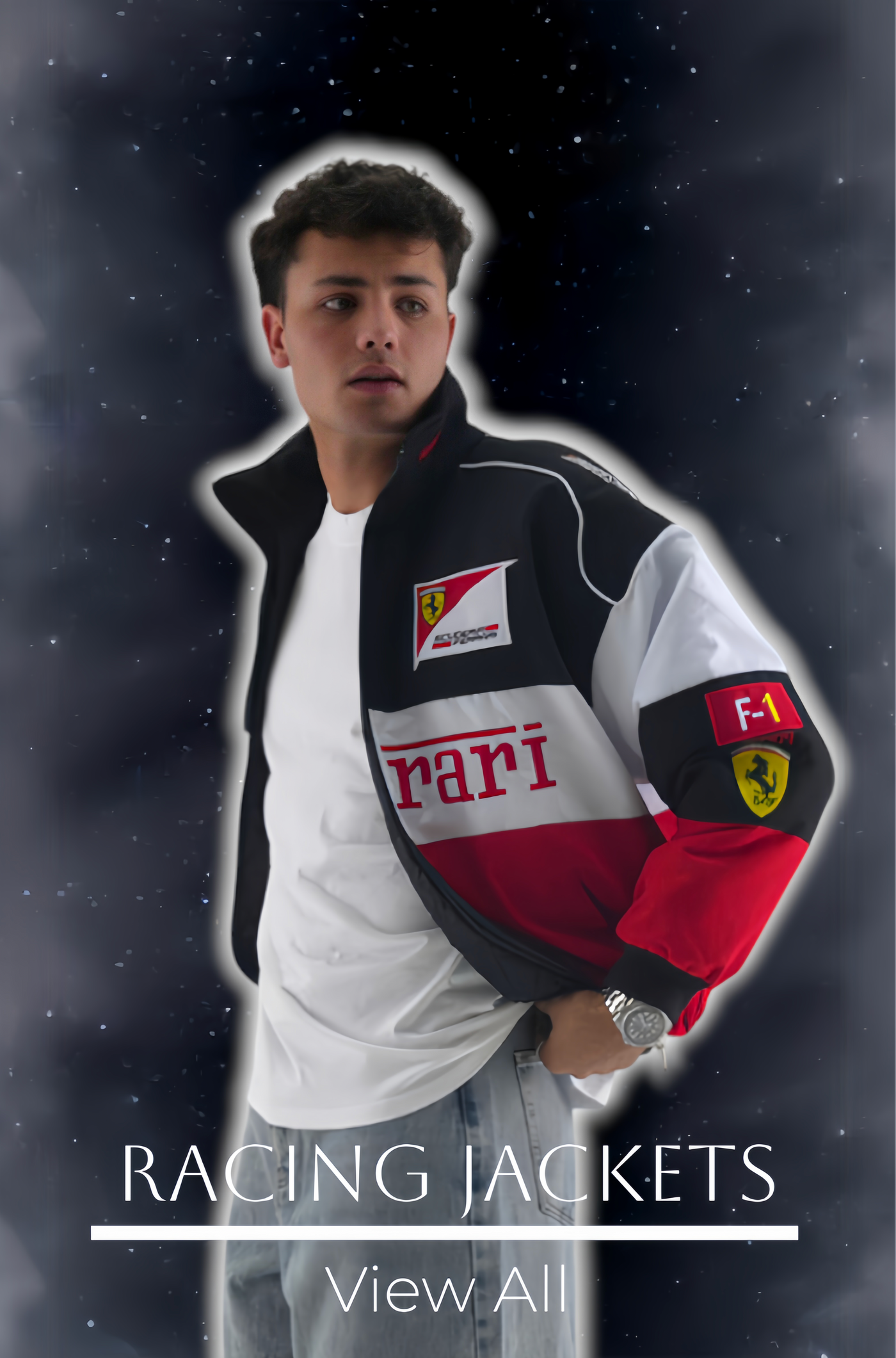 Boy wearing a Ferrari racing jacket with a dark background