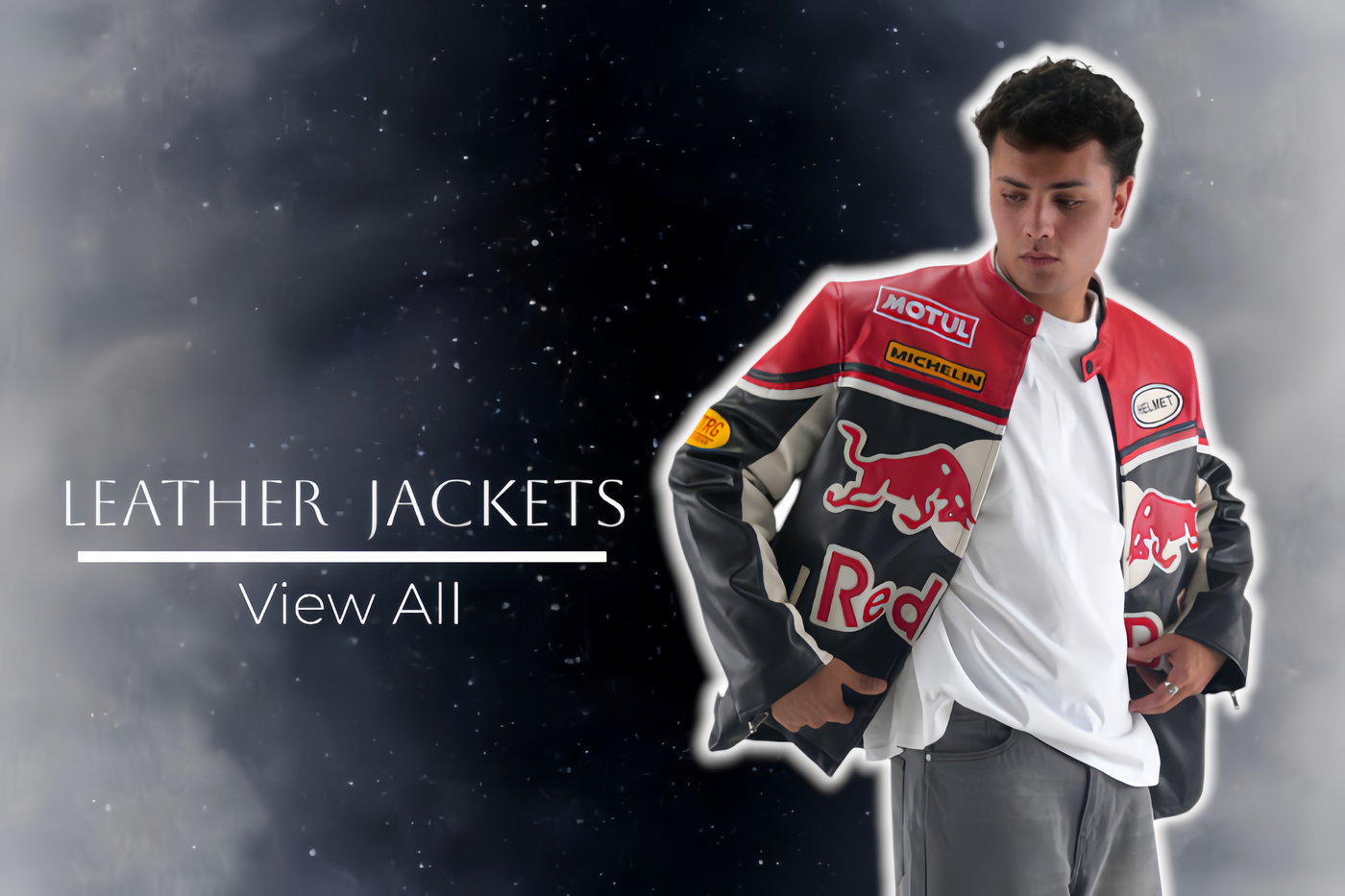 Man wearing a red leather jacket with logos against a dark space-themed background