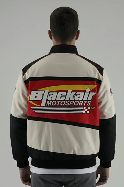 Back view of Men's BlackAir Jacket in red with vintage motorsports graphics.