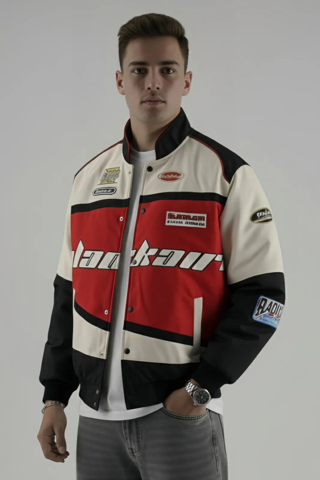 Side profile of Red BlackAir Jacket showing racing Printed and bomber fit.