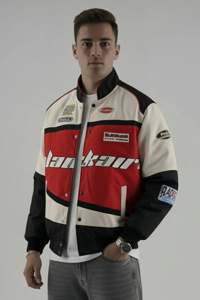 Side profile of Red BlackAir Jacket showing racing Printed and bomber fit.