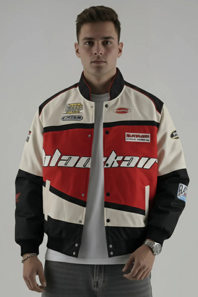 Front view of BlackAir Men's Red Motorsports Racing Jacket, retro urban streetwear by Urban wear.
