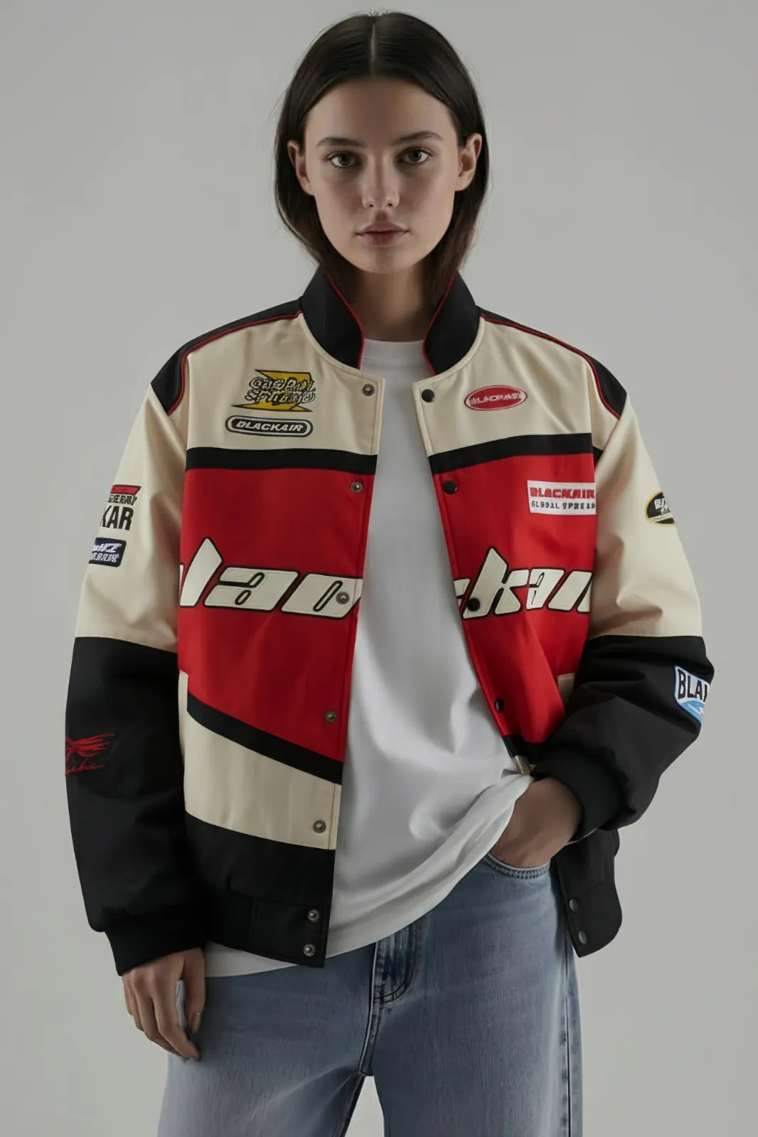 Front view of BlackAir Women's Red Varsity Jacket, oversized urban streetwear style by Urban wear.
