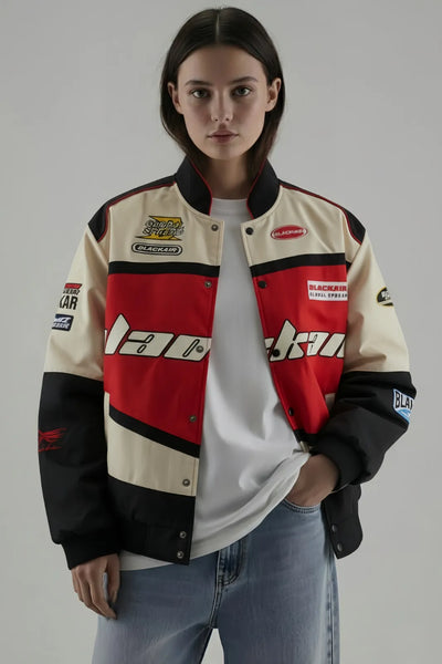 Front view of BlackAir Women's Red Varsity Jacket, oversized urban streetwear style by Urban wear.