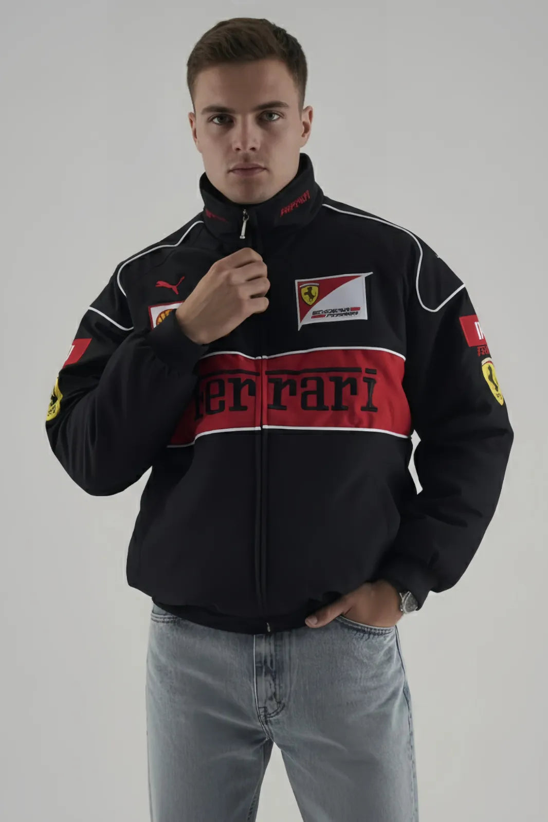 model wearing black ferrari F1 jacket giving front pose 