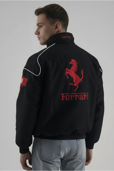 model wearing black ferrari F1 jacket giving back pose 