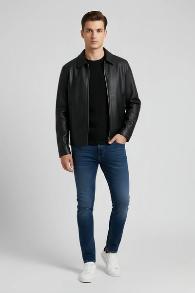 Premium Spread Collar Black Leather Jacket for Men – Stylish & Durable by Urban wear