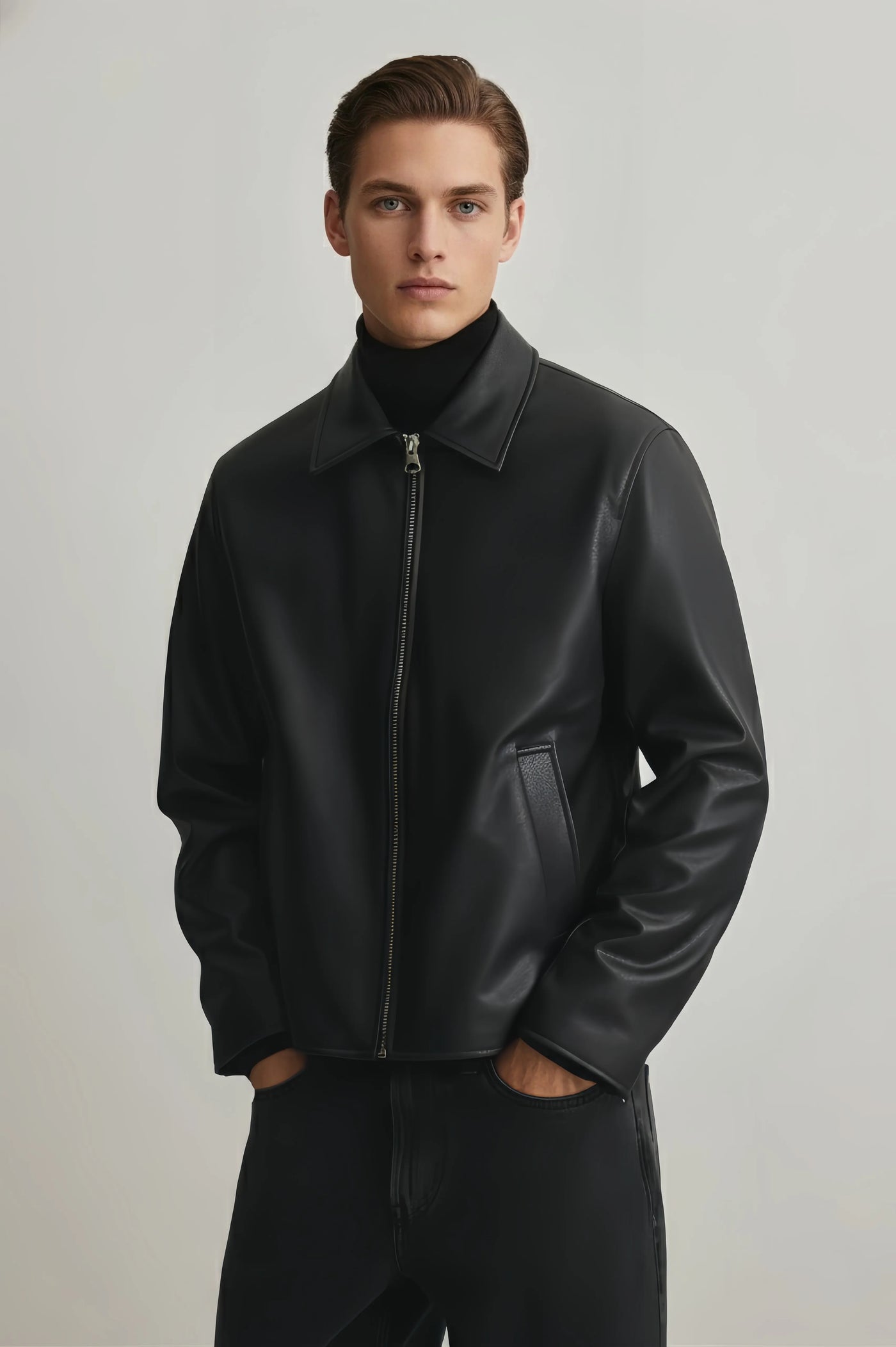 Man wearing a black leather jacket against a plain background