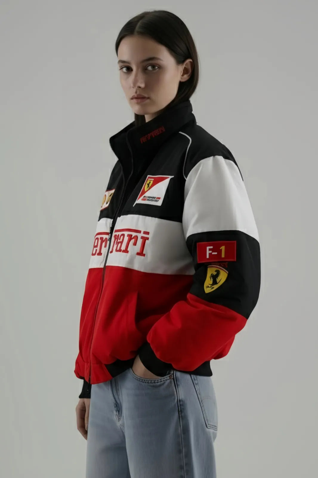 Side profile of Red Ferrari Racing Jacket showing authentic motorsport patches.