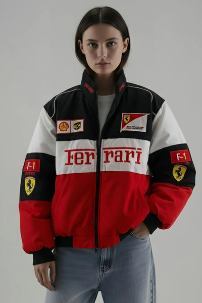 Front view of Women's Ferrari Jacket, premium F1 motorsport bomber by Urban wear.