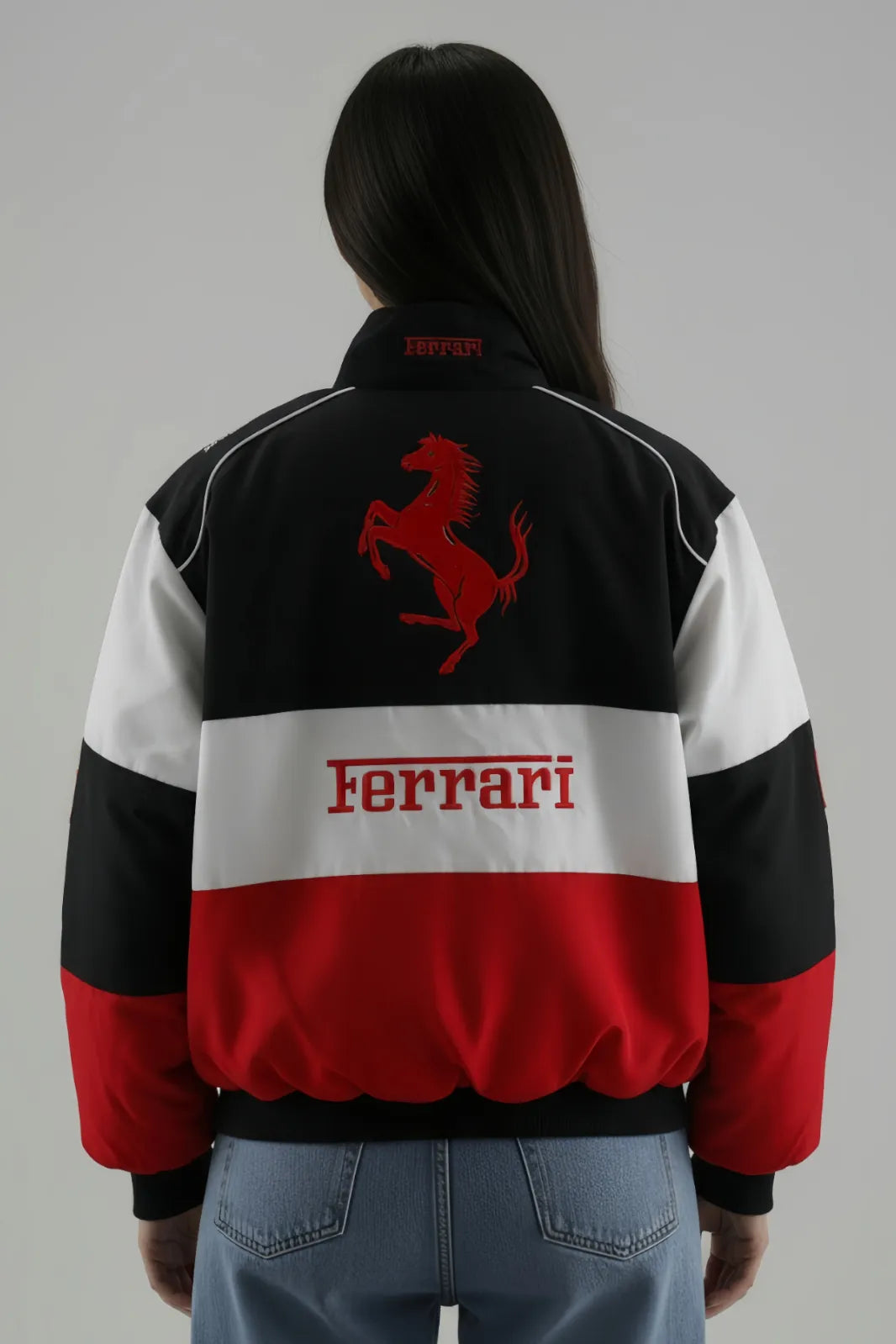 Back view of Women's Ferrari F1 Racing Jacket with bold racing design.