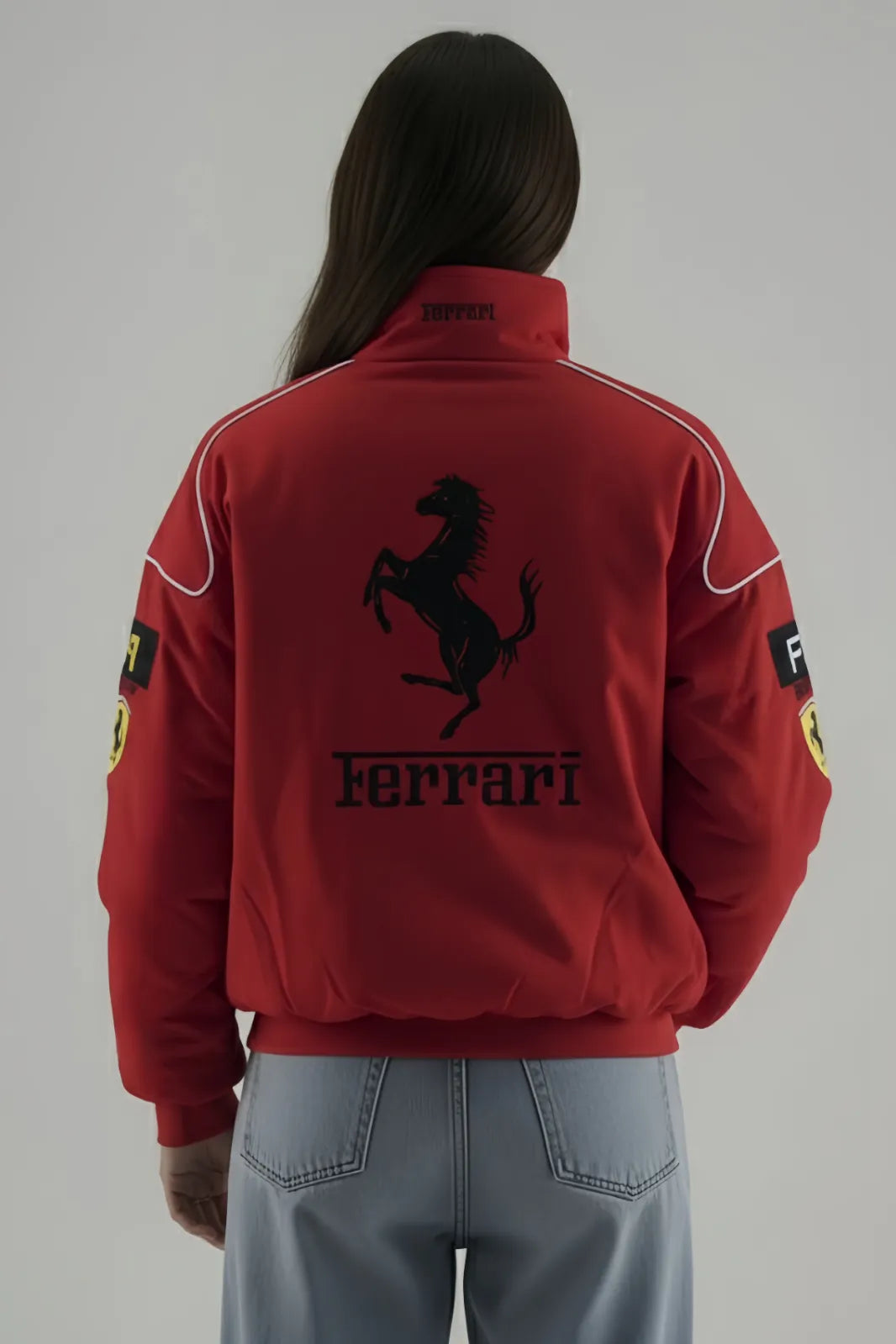 Female Model wearing a red Ferrari jacket with the brand logo on a plain background and giving Back pose