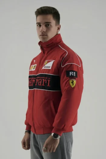 A model showcasing the 2026 archive boxy fit of the Red Ferrari Racing Jacket