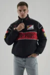 Front profile of the F1 Black Ferrari Unisex Embroidered Racing Jacket by Urban Wear, featuring premium parachute fabric and motorsport aesthetic.