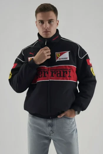 Front profile of the F1 Black Ferrari Unisex Embroidered Racing Jacket by Urban Wear, featuring premium parachute fabric and motorsport aesthetic.