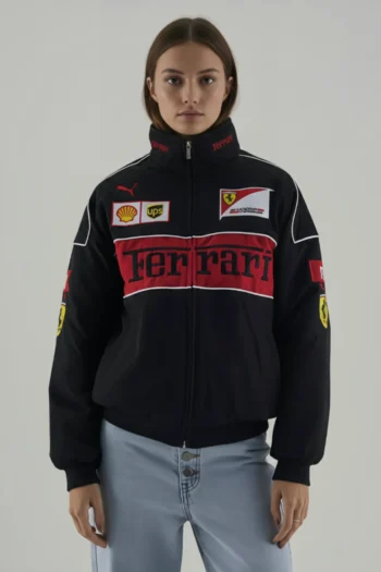 Front view of the F1 Black Ferrari Unisex Racing Jacket - Premium Turbo Racer Edition by Urban Wear.