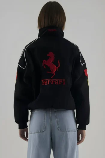 Back profile of the F1 Black Ferrari Luxury Motorsport Wear showing high-density embroided logos.