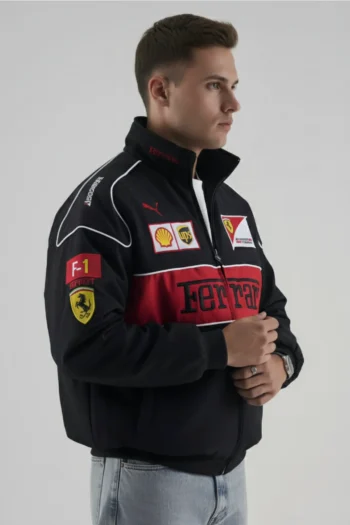 Model wearing the oversized F1 Black Ferrari Unisex Embroidered Racing Jacket in a modern urban setting, highlighting the 2026 boxy fit.