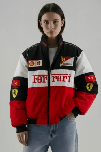 The Urban Wear Signature Edition Ferrari Tricolor F1 Racing Jacket in a vibrant Red, White, and Black palette.