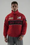 The Urban Wear F1 Racing Red Ferrari Unisex Embroidered Jacket featuring a kinetic-shield matte shell.